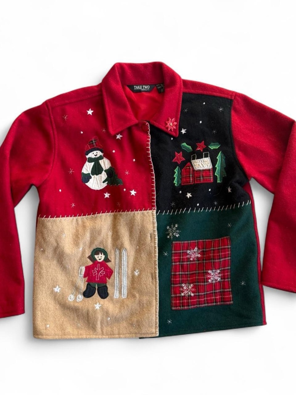 Take Two Wool Red Patchwork Holiday Coat with Poinsettia Accent